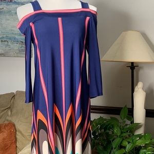 Cold Shoulder MSK Dress Small Multicolored Blue Orange Teal Cream midi